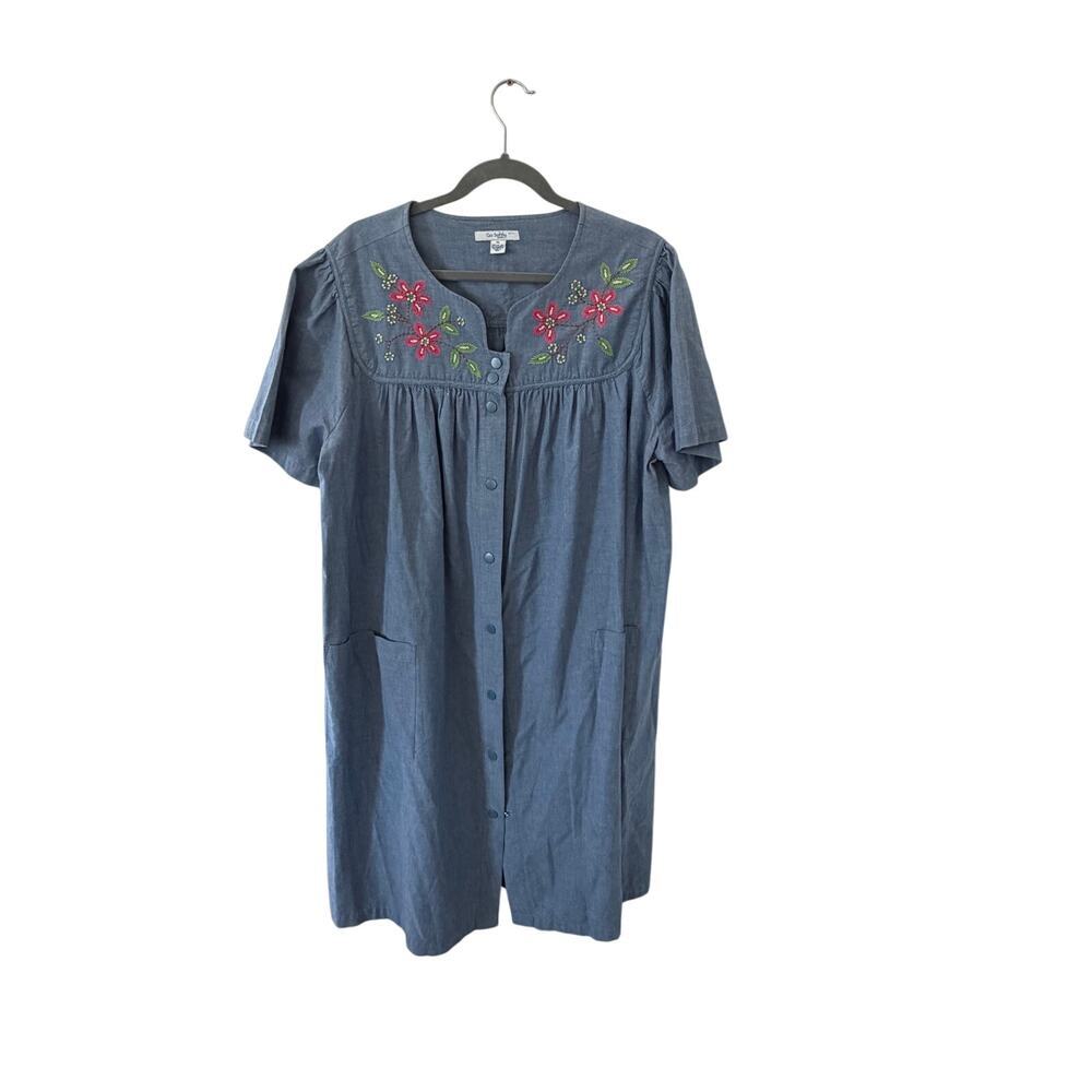 Go Softly Patio Chambray Denim Dress Embroidered Floral Button Up Blue Size XL
